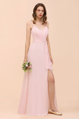 Spaghetti Side Split Pink Bridesmaid Dress Beach Simple Wedding Dress
