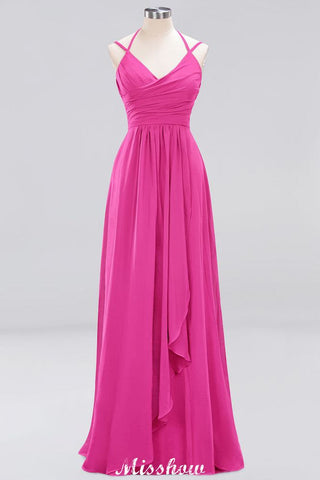 Spaghetti Sleeveless Ruffles A-line Chiffon Bridesmaid Dresses Straps Evening Maxi Dress