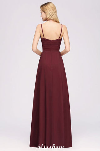 Spaghetti Sleeveless Ruffles A-line Chiffon Bridesmaid Dresses Straps Evening Maxi Dress