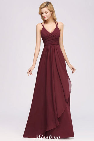Spaghetti Sleeveless Ruffles A-line Chiffon Bridesmaid Dresses Straps Evening Maxi Dress