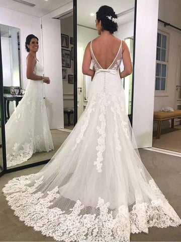Spaghetti Strap Printed Backless Lace Beach Wedding Dresses with Sash   WD428
