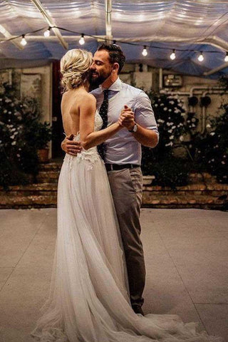 Spaghetti Strap V Neck Beach Wedding Dresses Backless Bridal Dresses  WD285