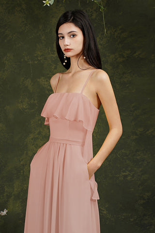 Robe de bal longue en tulle à fines bretelles et fente sur le devant, coupe trapèze, bretelles spaghetti