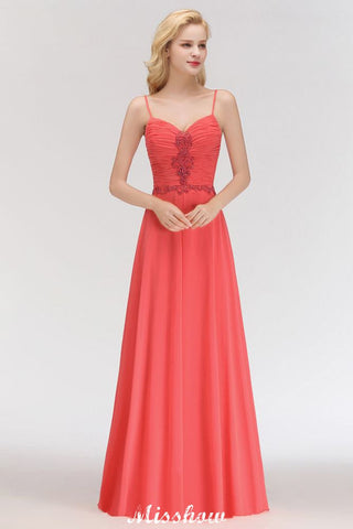 Spaghetti Straps Chiffon Aline Evening Maxi Gown Sleeveless Beading Bridesmaid Dress