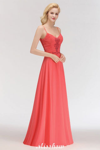 Spaghetti Straps Chiffon Aline Evening Maxi Gown Sleeveless Beading Bridesmaid Dress