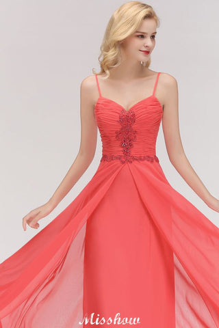 Spaghetti Straps Chiffon Aline Evening Maxi Gown Sleeveless Beading Bridesmaid Dress