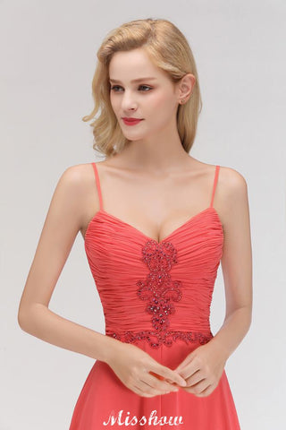 Spaghetti Straps Chiffon Aline Evening Maxi Gown Sleeveless Beading Bridesmaid Dress
