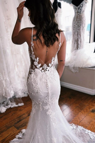 Spaghetti Straps Mermaid Floor Length Lace Wedding Dress with Chapel Train