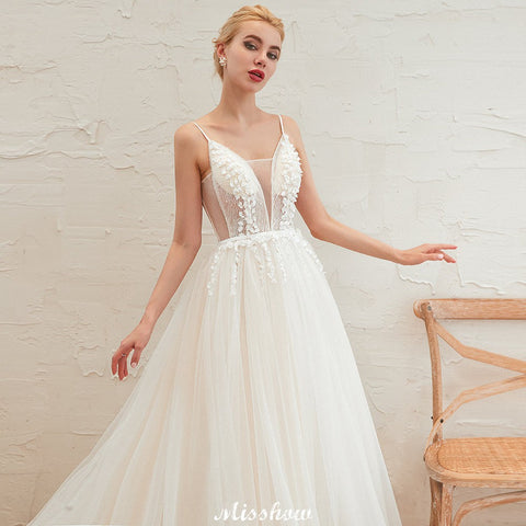 Spaghetti Straps Plunging V-Neck Wedding Dress Low Back Champagne Bridal Gown