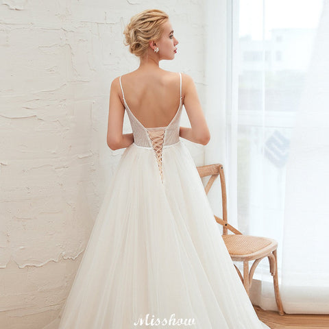 Spaghetti Straps Plunging V-Neck Wedding Dress Low Back Champagne Bridal Gown