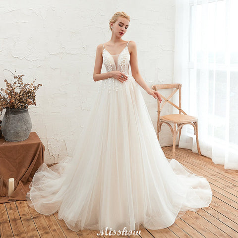 Spaghetti Straps Plunging V-Neck Wedding Dress Low Back Champagne Bridal Gown