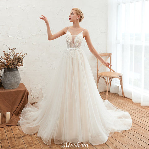 Spaghetti Straps Plunging V-Neck Wedding Dress Low Back Champagne Bridal Gown