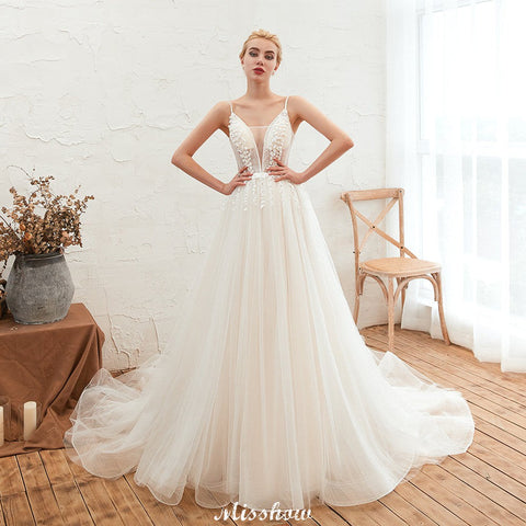 Spaghetti Straps Plunging V-Neck Wedding Dress Low Back Champagne Bridal Gown