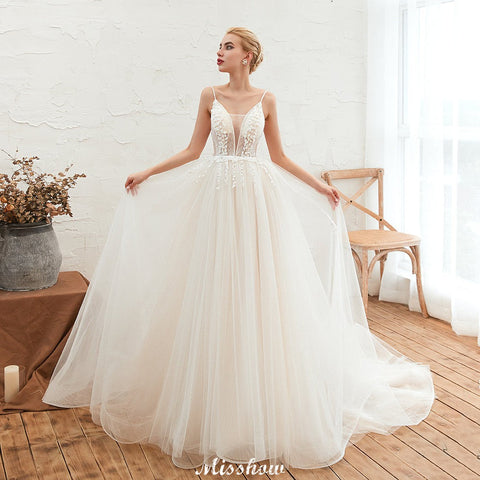 Spaghetti Straps Plunging V-Neck Wedding Dress Low Back Champagne Bridal Gown