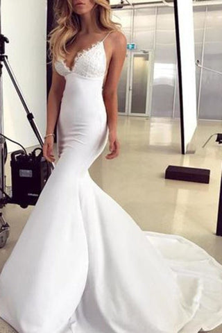 Spaghetti Straps Pretty Mermaid Lace Appliques Sexy Backless Elegant Wedding Dresses