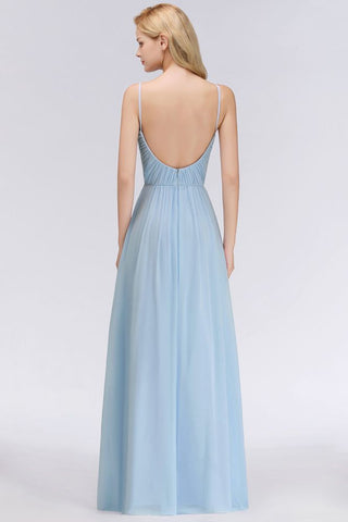 Spaghetti Straps Ruggle Chiffon Bridesmaid Dress Sky Blue A-line Wedding Party Dress
