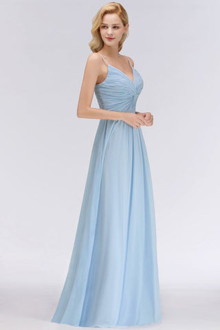 Spaghetti Straps Ruggle Chiffon Bridesmaid Dress Sky Blue A-line Wedding Party Dress