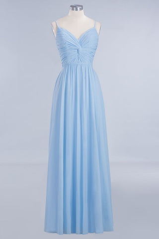 Spaghetti Straps Ruggle Chiffon Bridesmaid Dress Sky Blue A-line Wedding Party Dress