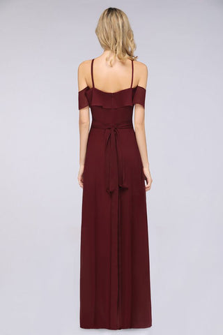 Spaghetti-Straps Sleeveless Ruffles Floor-Length Bridesmaid Dress with Bow Sash