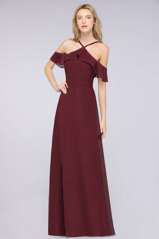 Spaghetti-Straps Sleeveless Ruffles Floor-Length Bridesmaid Dress with Bow Sash