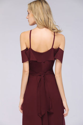 Spaghetti-Straps Sleeveless Ruffles Floor-Length Bridesmaid Dress with Bow Sash