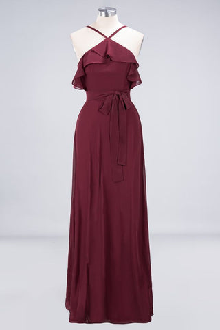 Spaghetti-Straps Sleeveless Ruffles Floor-Length Bridesmaid Dress with Bow Sash