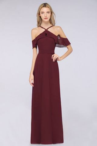 Spaghetti-Straps Sleeveless Ruffles Floor-Length Bridesmaid Dress with Bow Sash