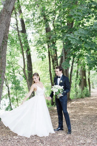 Spaghetti Straps V-neck A-line Wedding Dress with Crystals Belt WD534