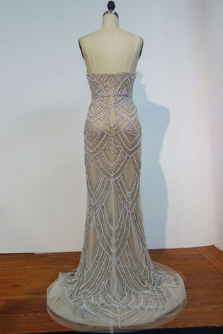 Spaghetti Sweetheart Mermaid Long Sequined Beading Prom Dresses with Pearls and Crystals