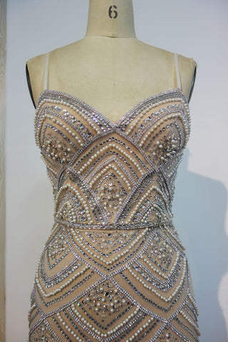 Spaghetti Sweetheart Mermaid Long Sequined Beading Prom Dresses with Pearls and Crystals