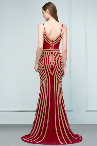 Spaghetti V-neck Mermaid Floor Length Beading Tulle Prom Dresses