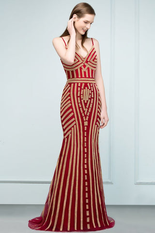 Spaghetti V-neck Mermaid Floor Length Beading Tulle Prom Dresses