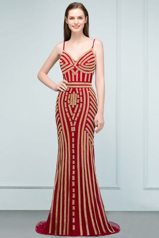 Spaghetti V-neck Mermaid Floor Length Beading Tulle Prom Dresses