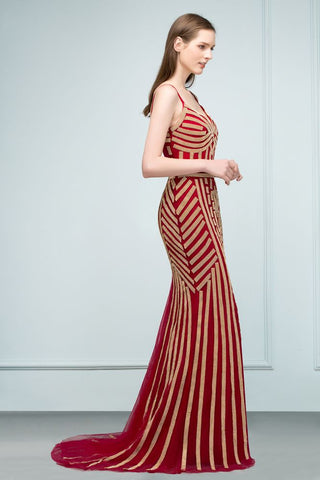 Spaghetti V-neck Mermaid Floor Length Beading Tulle Prom Dresses