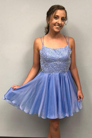 Vestido corto azul con cuentas brillantes para baile de graduación o fiesta de bienvenida PD315