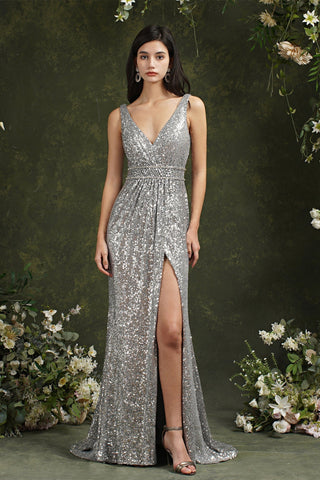 Sparkly Mermaid Wide Straps V-neck Sequins Bridesmaid/Prom Dress With Side Slit