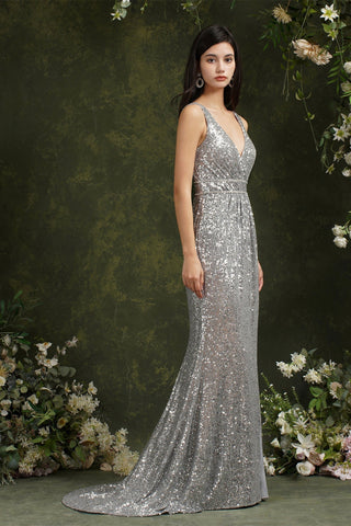 Sparkly Mermaid Wide Straps V-neck Sequins Bridesmaid/Prom Dress With Side Slit