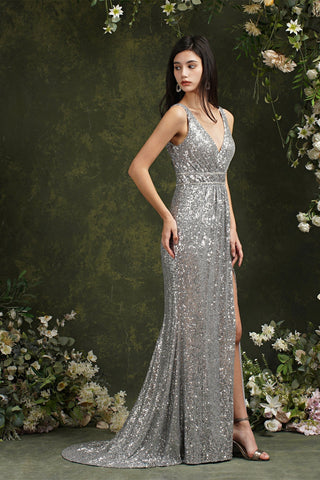 Sparkly Mermaid Wide Straps V-neck Sequins Bridesmaid/Prom Dress With Side Slit