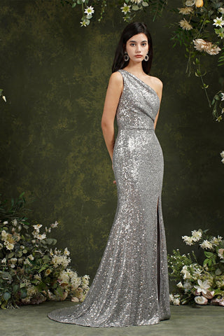 Sparkly One Shoulder Sequins Mermaid Floor-length Bridesmaid/Prom Dress With Side Slit