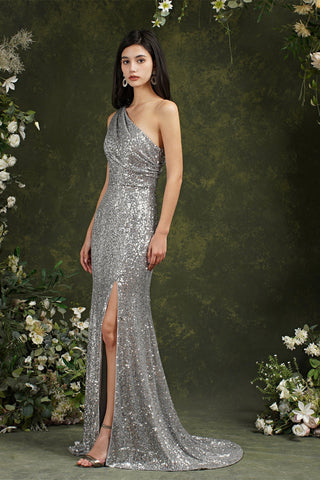 Sparkly One Shoulder Sequins Mermaid Floor-length Bridesmaid/Prom Dress With Side Slit