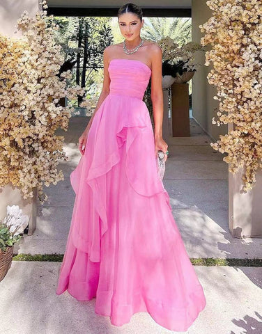 Light Pink A Line Strapless Organza Prom Dress