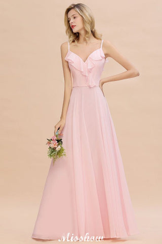 Straps Sweetheart Pink Bridesmaid Dress Backless Chiffon Evening Party Dress