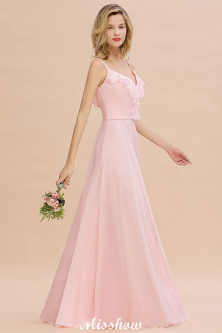 Straps Sweetheart Pink Bridesmaid Dress Backless Chiffon Evening Party Dress