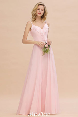 Straps Sweetheart Pink Bridesmaid Dress Backless Chiffon Evening Party Dress
