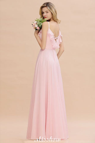 Straps Sweetheart Pink Bridesmaid Dress Backless Chiffon Evening Party Dress