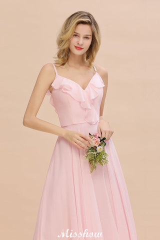 Straps Sweetheart Pink Bridesmaid Dress Backless Chiffon Evening Party Dress