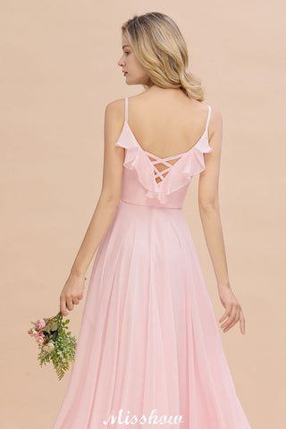 Straps Sweetheart Pink Bridesmaid Dress Backless Chiffon Evening Party Dress