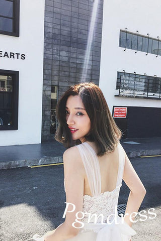 Straps Tulle White Lace Beach Wedding DressesWith Little Court Train  WD086