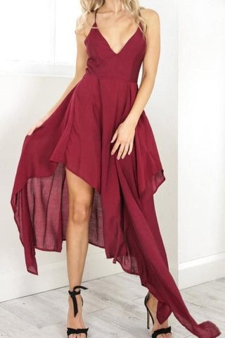 Robe de soirée bordeaux à bretelles et col en V, coupe asymétrique, modèle PD310