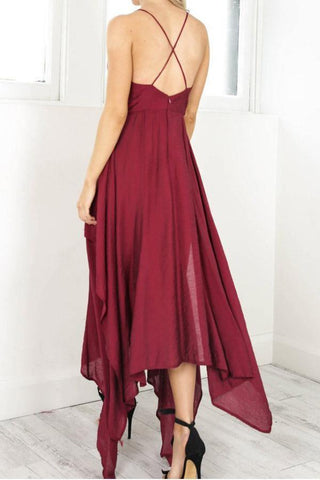 Robe de soirée bordeaux à bretelles et col en V, coupe asymétrique, modèle PD310